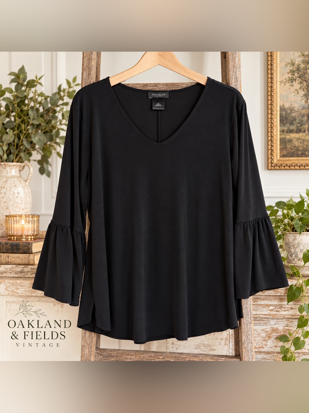 Ann Taylor Black V-Neck Bell Sleeve Blouse XL Flowy Stretch